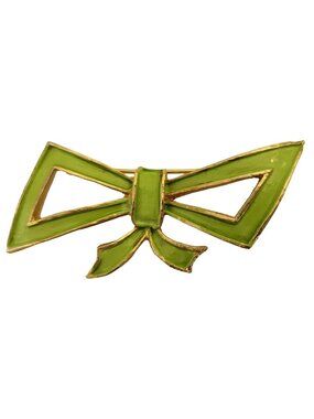 Gold Tone Apple Green Enamel Modernist Ribbon Bow Pin Brooch M902